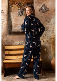 Resim Nisanca Kışlık Yılbaşı Desenli Kadın Gömlek Polar Pijama Takımı- Geyikli Yılbaşı Pijaması Lacivert 