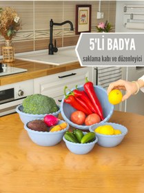 Resim Gretta 5'li Koyu Mavi Yuvarlak Plastik Badya Leğen Seti Kap Kase Seti (0,4/0,5/0,9/1,3/2,1 LİTRE) 