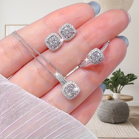 Resim Kadınlar için Şık 4 Parça Takı Seti - Gümüş Renkli Moda Minimalist Lüks, Küpe, Kolye, Yüzük İçerir - Anneler Günü, Günlük Kullanım ve Tatil İçin İdeal 