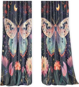 Resim Çocuk Odası Çift Kanatlı Fon Perde Ay Yıldızlı Gece Kelebeği Desenli 