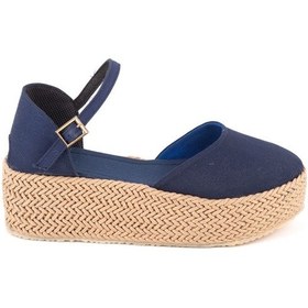 Resim Gerçek Elişi Platformlu Poli Taban Espadril Dolgu Topuk Keten Espadril Handmade Lacivert 