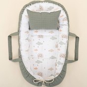 Resim Babynest ve Yastık - Çift Taraflı - Haki Muslin - Yeşil Gökkuşağı 