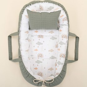 Resim Babynest ve Yastık - Çift Taraflı - Haki Muslin - Yeşil Gökkuşağı 