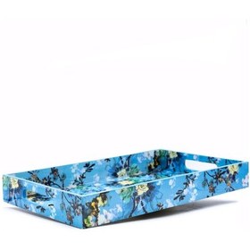 Resim Çiçek Desenli Mavi Ahşap Tepsi Seti Büyük Boy 