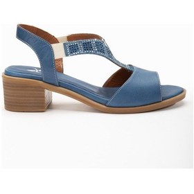 Resim Analin Shoes Kadın Hakiki Deri Lastikli Rahat Taşlı Sandalet Kot Mavi 