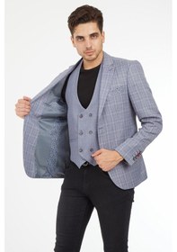Resim Sposo 5140 Yelekli Dar Kalıp Gri Ekose Erkek Blazer Ceket Gri 