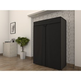 Resim Burak Çelik Borulu Plastik Raflı Siyah Bez Dolap Gardırop 