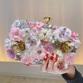 Resim Güllü Süni Deri Çanta Güvenli Kilit Kapamalı - Şık Kadın Akşam Düğün Parti El Çantası Pembe, Mavi, Siyah, Polyester Astarlı 