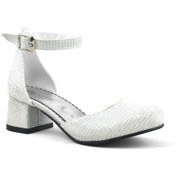 Resim Kırık Beyaz Simli Kalın Topuklu Kız Çocuk Topuklu Ayakkabı Ekru 