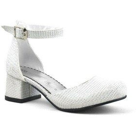 Resim Kırık Beyaz Simli Kalın Topuklu Kız Çocuk Topuklu Ayakkabı Ekru 