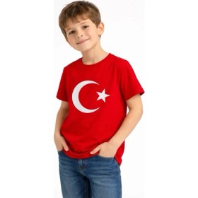 Resim Beruflic Erkek Çocuk Tişört Bisiklet Yaka Ay Yıldız Bayrak Baskılı T-Shirt - Kırmızı 