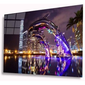 Resim Işıklı Yunuslar Cam Tablo 4mm Dayanıklı Temperli Cam 