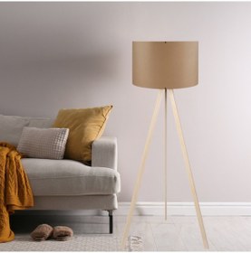 Resim Pratik Ahşap Krem Üç Ayaklı Tripod Lambader Kahve Kumaş Başlık Salon Oturma Odası Köşe Lambası Kahve 