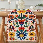 Resim 1 Adet Meksika Halk Sanatı Çiçekli Masa Koşucusu - Canlı Cinco de Mayo & Karnaval Dekoru, Dayanıklı Polyester Dikdörtgen Mutfak Yemek Masası Örtüsü için Şenlikli Ev Partisi Süslemesi, Meksika Parti Süslemeleri, Renkli Tasarım 