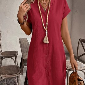 Resim Kadınların şık düz renkli kırmızı V-yaka kısa kollu düğmeli gömlek - Yaz için rahat şık polyester elbise, rahat kıyafet|V-yaka elbise|Polyester kumaş 
