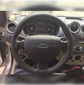 Resim Dikişli Deri Direksiyon Kılıfı Damarlı Siyah Deri Sarı Dikişli Ford Fiesta Fusion İçin Bej 