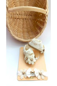 Resim Bilge Trend Kız Bebek Çiçek Detaylı Patik ve Fiyonklu Bandana Seti 