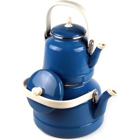 Resim Alev Emaye Vintage Mavi Çaydanlık Seti Üstten Saplı Çift Kapaklı 