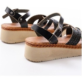 Resim 730-138 Siyah Örgü Hakiki Deri Ortopedik Taban Kadın Sandalet Altın - Taba 