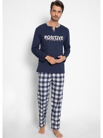 Resim Vıshenka Erkek %100 Pamuk Lacivert Renk Ekose Baskılı Pijama Takı Lacivert 