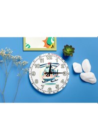 Resim Sevimli Helikopter Karakterli Sessiz Mekanizma Duvar Saati Çocuk Odası Dekoratif Mavi 