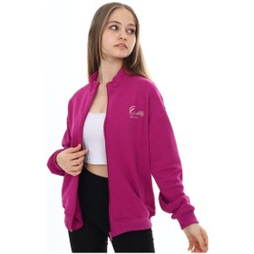 Resim Toontoy Kız Çocuk Dik Yaka Fermuarlı Cepli Düşük Omuz Nakış Baskılı Örme Hırka -3 İplik Şardunsuz Mürdüm 