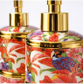 Resim Lüks Çicek Desenli Çift Pompa Sıvı Sabunluk Seti Gold Detaylı Mutfak & Banyo Organizer Çok Renkli 
