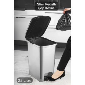 Resim Pedallı Gri Banyo Mutfak Çöp Kovası Siyah Kapaklı Slim Pedallı Çöp Kovası 25LITRE 