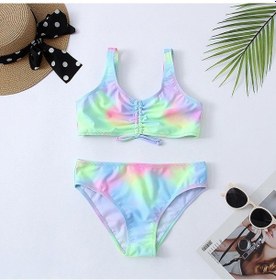 Resim Batik Kız Mayo Çocuklar 7-16 Yıl Iki Parçalı Çocuk Mayo Dantelli Ön Bikini Seti Genç Mayo 2022 Beachwear Yeşil 