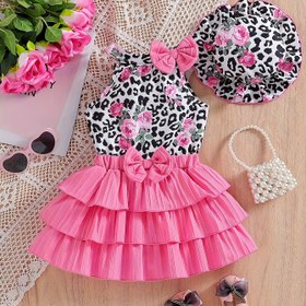 Resim Kızlar için Moda Leopar Baskılı Gül Yelek, Puf Etek ve Güneş Şapkası Sokak Stili Üç Parça Set 