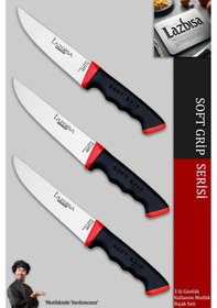 Resim Lazbisa Mtf-052 Soft Grip Mutfak Bıçak Seti Et Ekmek Sebze Bıçağı 3 Lü Set Günlük Kullanım Kırmızı - Siyah 