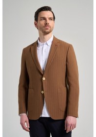 Resim İmza Çizgili Desen Gofreli Mono Yaka Esnek 6 Drop Slim Fit Ceket 1002250122 Taba 