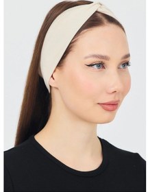 Resim Butik Çapraz Bağlamalı Kadın Bandana Saç Bandı, Kaymaz Yumuşak Esnek%100 Pamuklu Penye - Tek Ebat / Açık Bej Açık Bej 