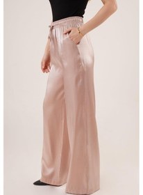 Resim Reka Moda Parlak Görünümlü Cepli Bej Bol Paça Pantolon Bej 