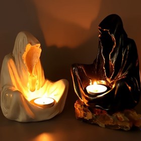 Resim Mysterious Cloak Figure Mum Tutucu - Gotik Kötü Şövalye Grim Reaper Heykeli, Cadılar Bayramı Atmosferi Dekoru, Yaratıcı Masa Mum Tutucu, İdeal Tatil Ev Dekorasyonu, Cadılar Bayramı Süsü 