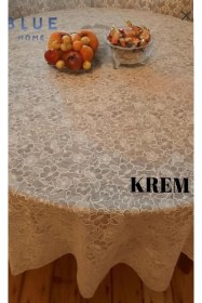 Resim Yuvarlak Dantel Görünümlü Pvc Muşamba Mutfak Masa Örtüsü Sıvı Geçirmez Silinebilir /ebat: 150 Cm Krem Krem 