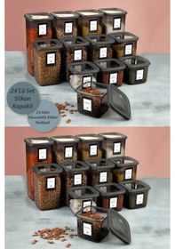 Resim 24'lü Set Etiketli, Kırılmaz Kare Erzak Saklama Kabı Antrasit X8 1,75 Lt/1,2 Lt/0,5 Lt Füme 