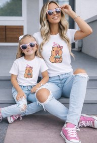 Resim LORVEX Anne Kız Kombin Oversize Tişört Twin T-Shirt %100 Pamuk Rahat Kalıp (TEKLİ FİYAT) 