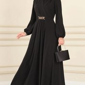 Resim Kadınlar İçin Yüksek Kaliteli Yuvarlak Yaka Uzun Kollu Beli Sıkılaştırma Kemeriyle Şık Elbise - %100 Polyester, Gevşek Kesim Düz Renk, Makinede Yıkanabilir, Her Mevsime Uygun Günlük ve Resmi Kullanım 
