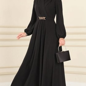 Resim Kadınlar İçin Yüksek Kaliteli Yuvarlak Yaka Uzun Kollu Beli Sıkılaştırma Kemeriyle Şık Elbise - %100 Polyester, Gevşek Kesim Düz Renk, Makinede Yıkanabilir, Her Mevsime Uygun Günlük ve Resmi Kullanım 