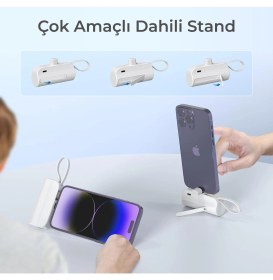 Resim Woyax İphone Lightning Soketli Mini Powerbank 5000mah Type-c Dahili Kablolu Taşınabilir Şarj Cihazı Beyaz 