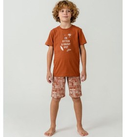 Resim Arnetta Premium Erkek Çocuk Cool Summer Rahat Kalıp %100 Pamuk Kısa Kollu Şortlu Aile Pijama Takım Krem 