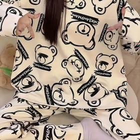 Resim Kadınlar için Sevimli Karikatür Ayı Başlıklı Uzun Kollu Pijama Takımı - Rahat Yuvarlak Yaka, Uzun Boy, Sonbahar/Kış İçin Mükemmel, Rahat Uyku Giyimi, Rahat Uyku Giyimi|Oyunçulu Tasarım|Yumuşak Dokulu 