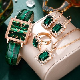Resim 5'li Kadın Zarif Kare Yüz Seti, Yeşil Detaylı ve Altın Tonlu - Lüks Takı Koleksiyonu, Yeşil & Altın Detaylı Bileklikler, Quartz Mekanizma, Günlük Kullanım, Partiler, Sevgililer Günü, Noel, Cadılar Bayramı, Ramazan Hediyeleri İçin Mükemmel 
