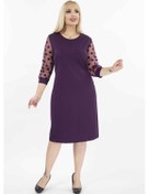 Resim Puanlı Mor Flok Kol Büyük Beden Kadın Elbise 15B-2037 Mor 