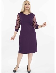 Resim Puanlı Mor Flok Kol Büyük Beden Kadın Elbise 15B-2037 Mor 