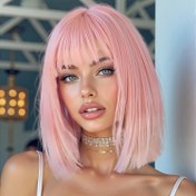 Resim 35,56 cm Kadın Kısa Bob Sakura Pembe Peruk, Isıya Dayanıklı Lifli Düz Omuz Boyu Günlük Kullanım ve Parti Toplantıları İçin 