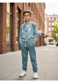 Resim Zekids Erkek Çocuk Pamuklu Baskılı Eşofman Takım-16324 Mint Yeşili 