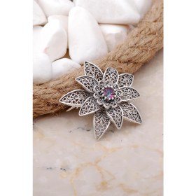 Resim Sümer Telkari Mistik Topaz Taşlı Lotus Telkari Elişi Gümüş Broş 352 