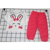 Resim Tavşan Baskılı Kurdeleli Kız Bebek İkili Takım Pijama Takım 